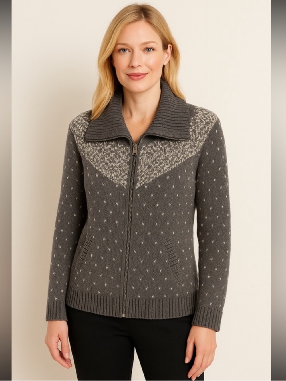 Talbots Petite LP Fair Isle Full Zip Sweater Gray Nordic Wool Blend Cardigan